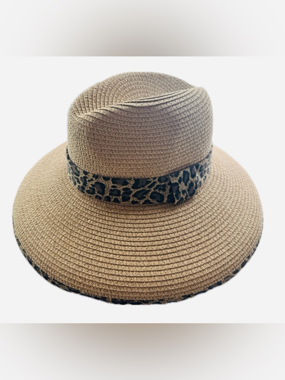Wide Brim Straw Sun Hat Leopard Trim Beach Resort Vacation OS